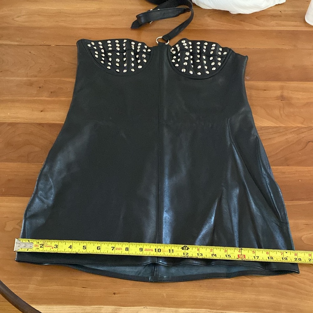 Studded Strapless Black Leather Mini Dress - Picture 10 of 16